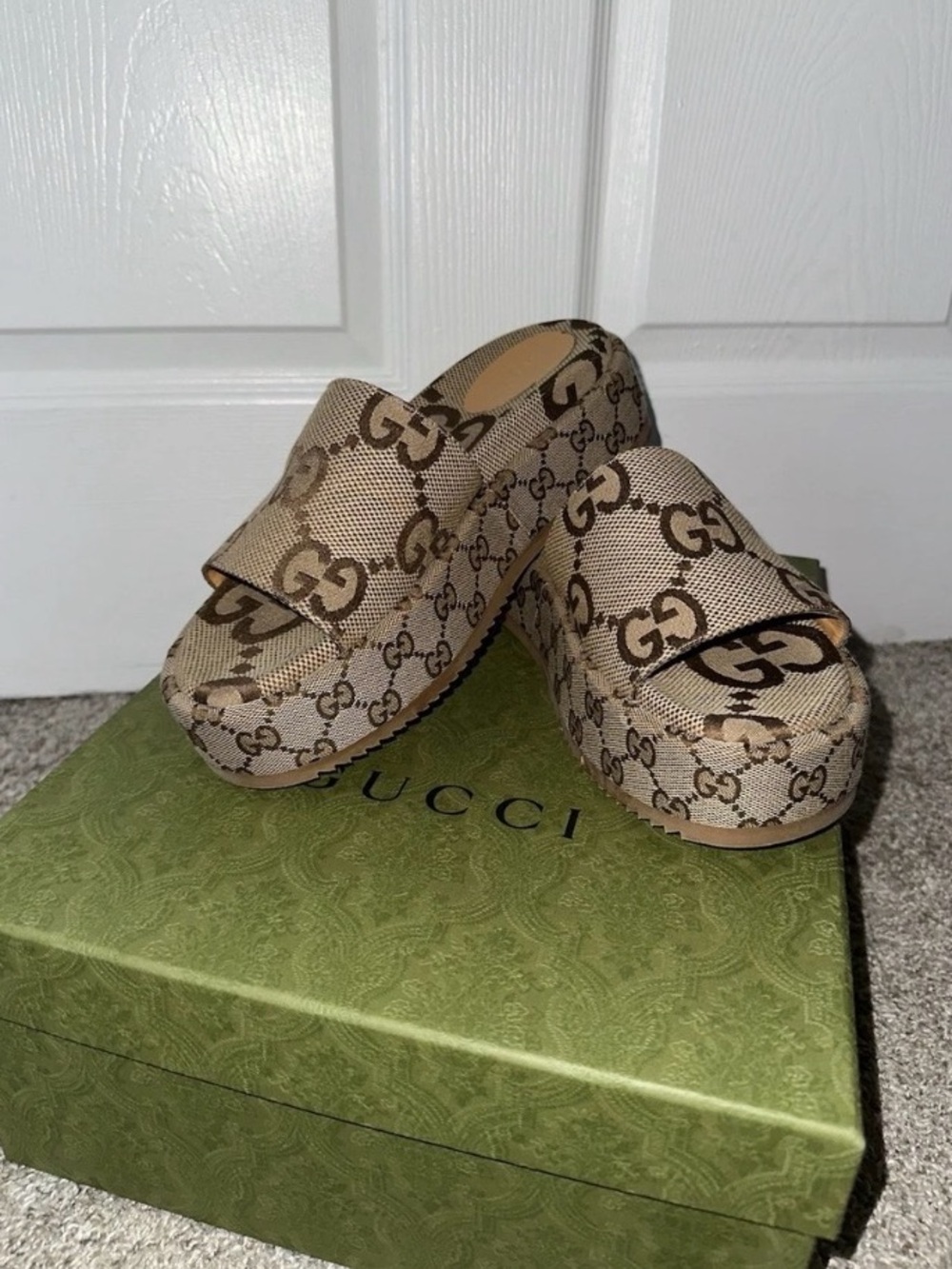 Gucci Tan & Brown GG Canvas Platform Slide Sandals